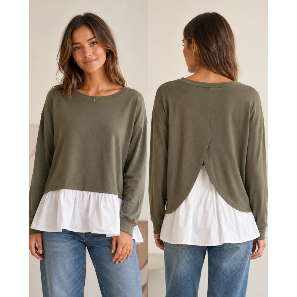 Two by Vince Camuto Mixed Media Layered Top Green White Size M Artsy Lagenlook